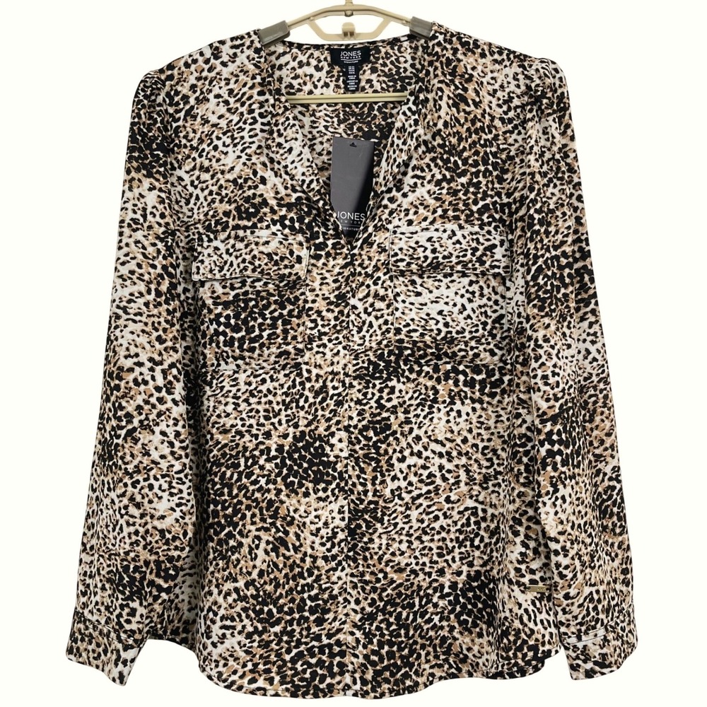 New Jones New York Blouse XL Ivory Black Multi Animal Leopard Print Pockets Bold
